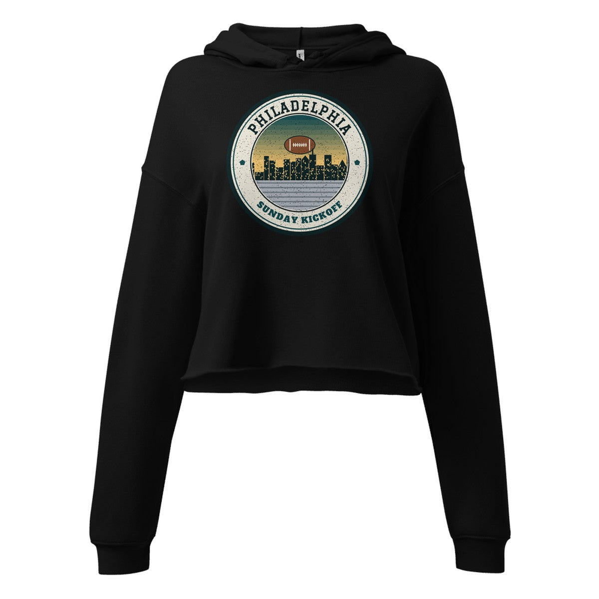 Women's Philadelphia Sunday Kickoff Cropped Hoodie in Black, front view