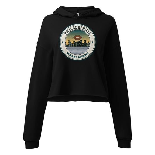 Women's Philadelphia Sunday Kickoff Cropped Hoodie in Black, front view