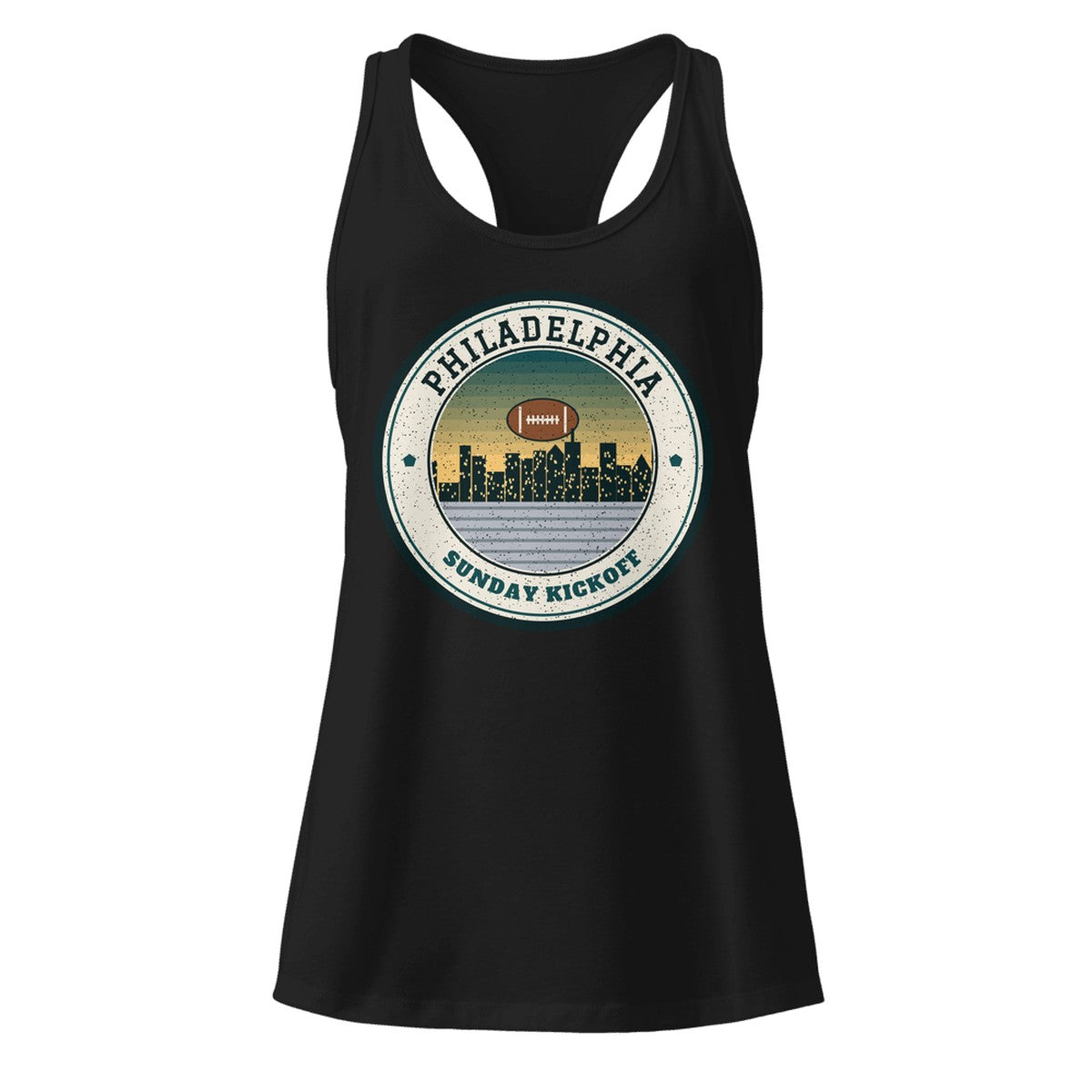 Women's Philadelphia Sunday Kickoff Racerback Tank in Black, front view