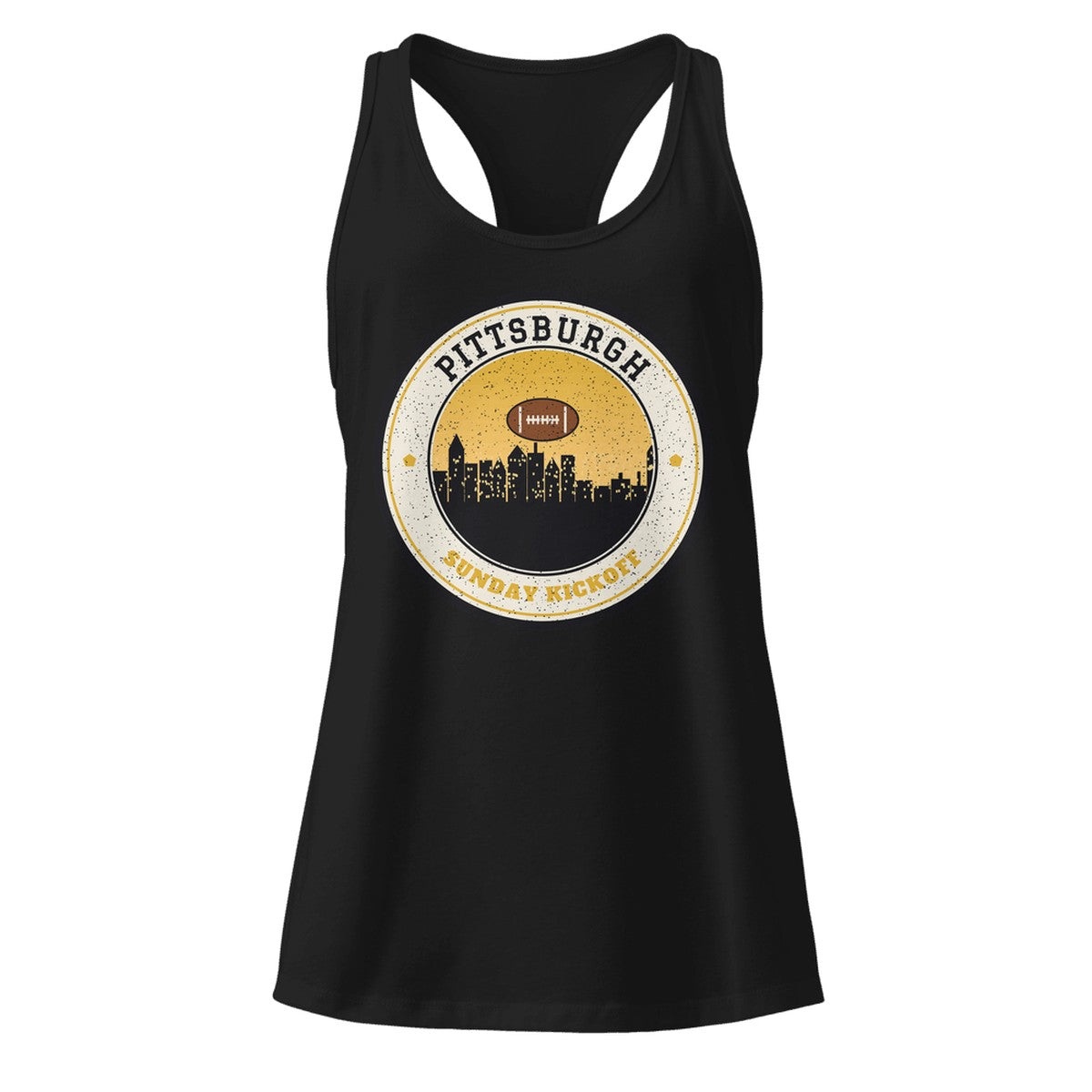 Women's Pittsburgh Sunday Kickoff Racerback Tank in Black, front view