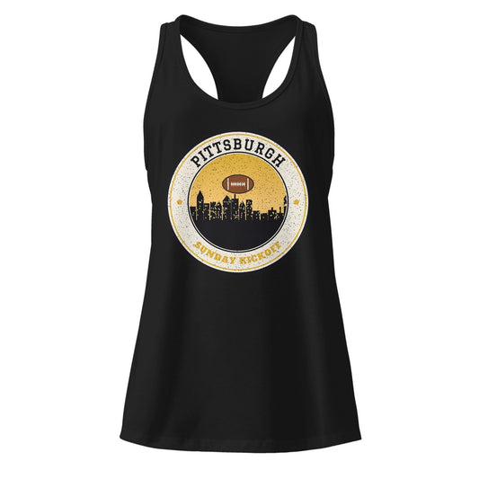 Women's Pittsburgh Sunday Kickoff Racerback Tank in Black, front view