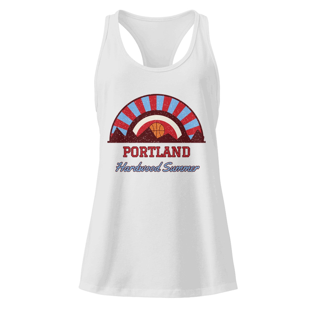 Women's Portland Hardwood Summer Racerback Tank in Heather Gray, front view