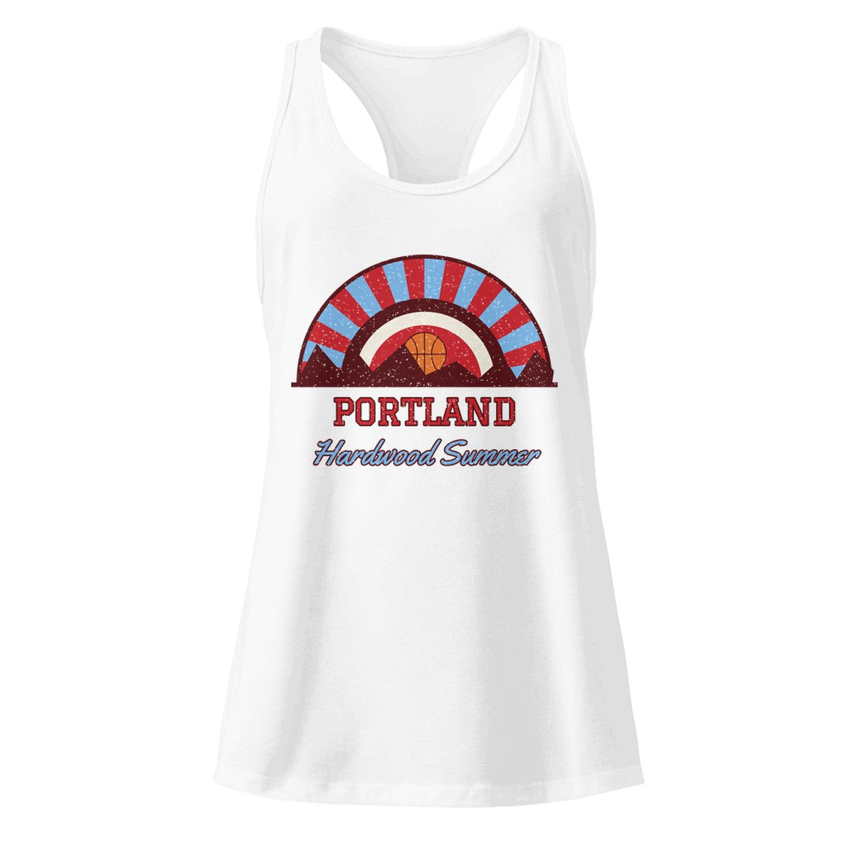 Women's Portland Hardwood Summer Racerback Tank in White, front view