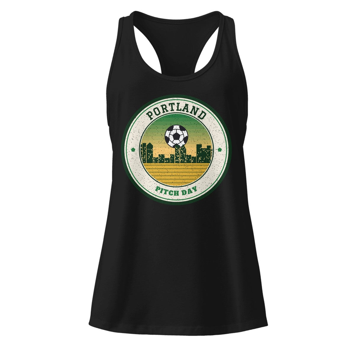 Women's Portland Pitch Day Racerback Tank in Black, front view