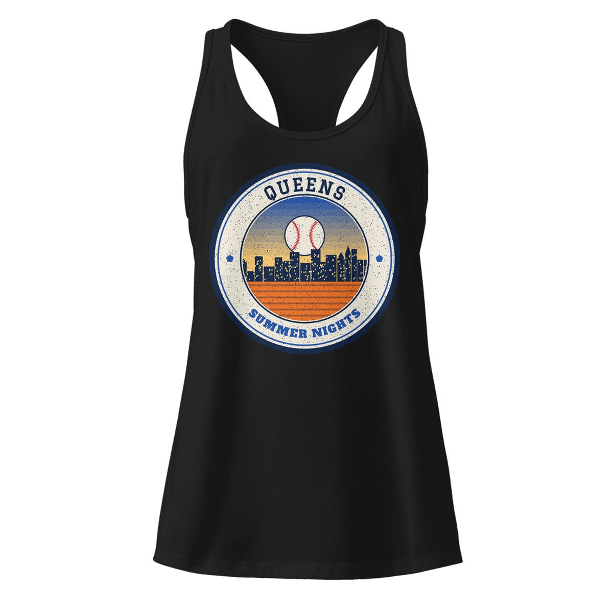 Women's Queens Summer Nights Ballpark Racerback Tank in Black, front view