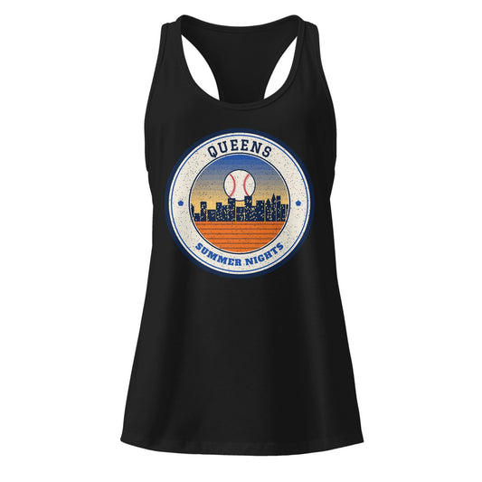 Women's Queens Summer Nights Ballpark Racerback Tank in Black, front view