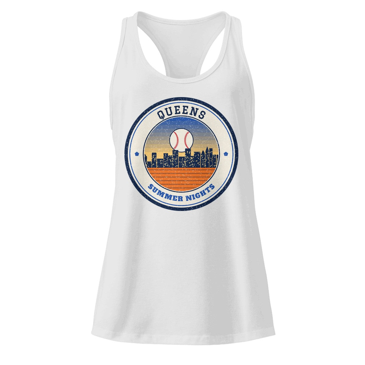 Women's Queens Summer Nights Ballpark Racerback Tank in Heather Gray, front view