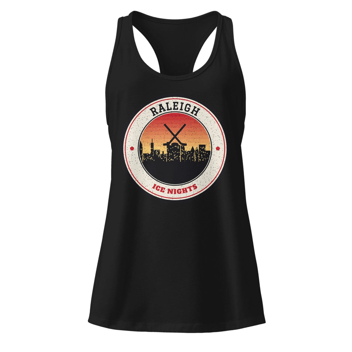 Women's Raleigh Ice Nights Racerback Tank in Black, front view