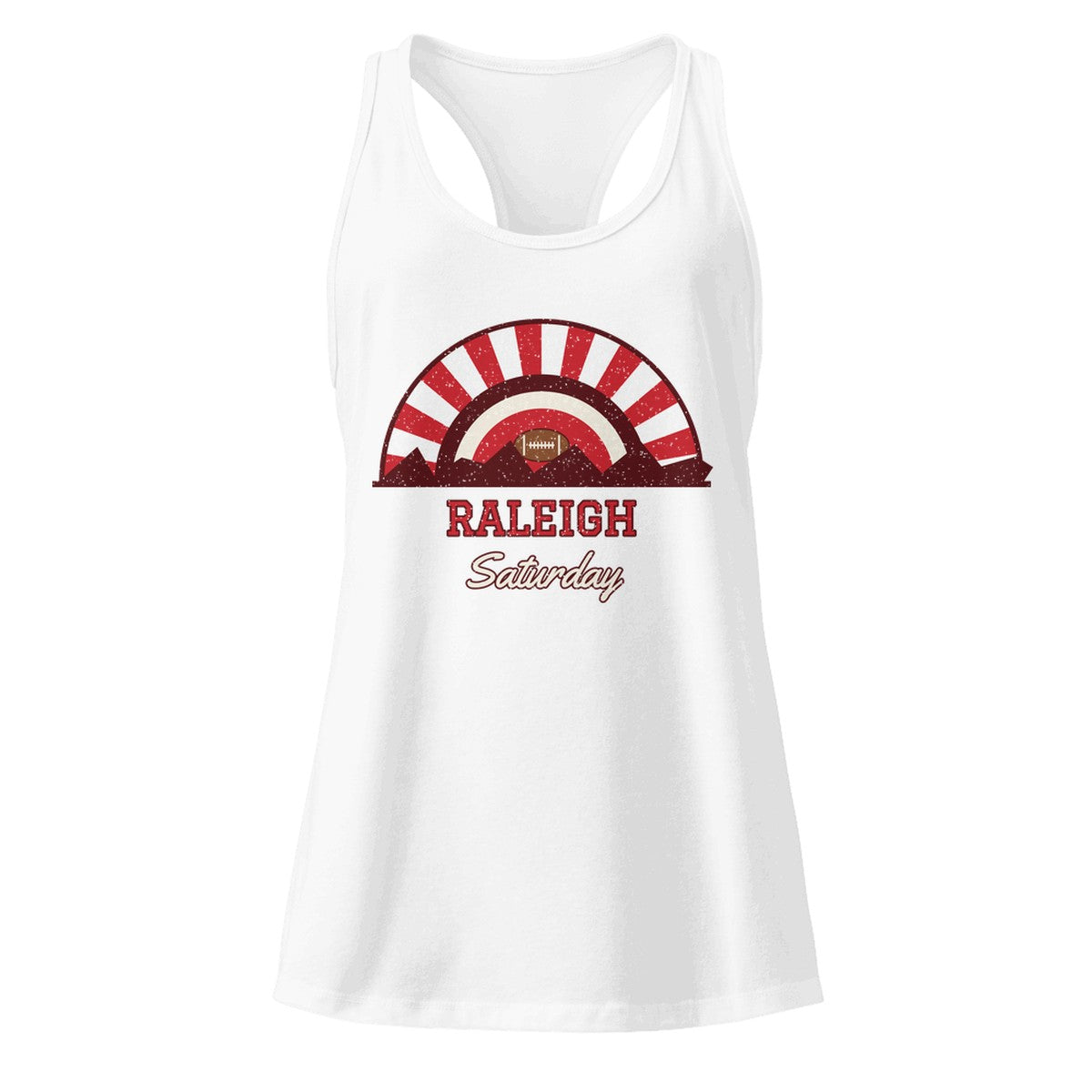 Women's Raleigh Saturday Racerback Tank in White, front view