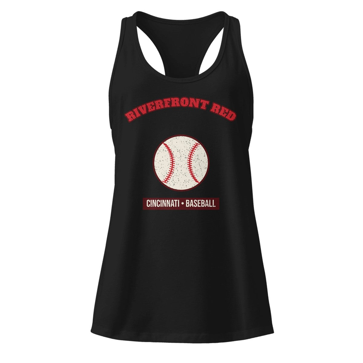 Women's Riverfront Red Baseball Racerback Tank in Black, front view