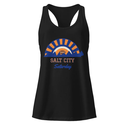 Women's Salt City Saturday Racerback Tank in Black, front view