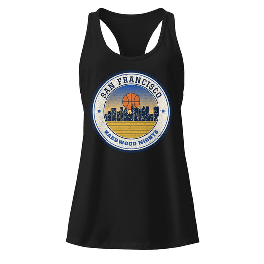 Women's San Francisco Hardwood Nights Racerback Tank in Black, front view