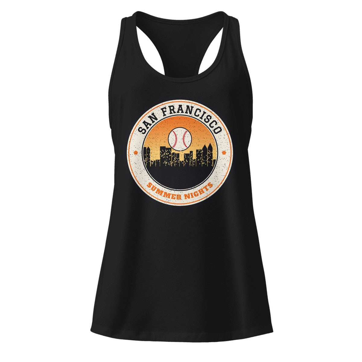 Women's San Francisco Summer Nights Ballpark Racerback Tank in Black, front view