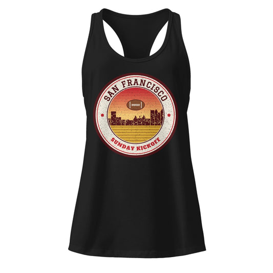 Women's San Francisco Sunday Kickoff Racerback Tank in Black, front view