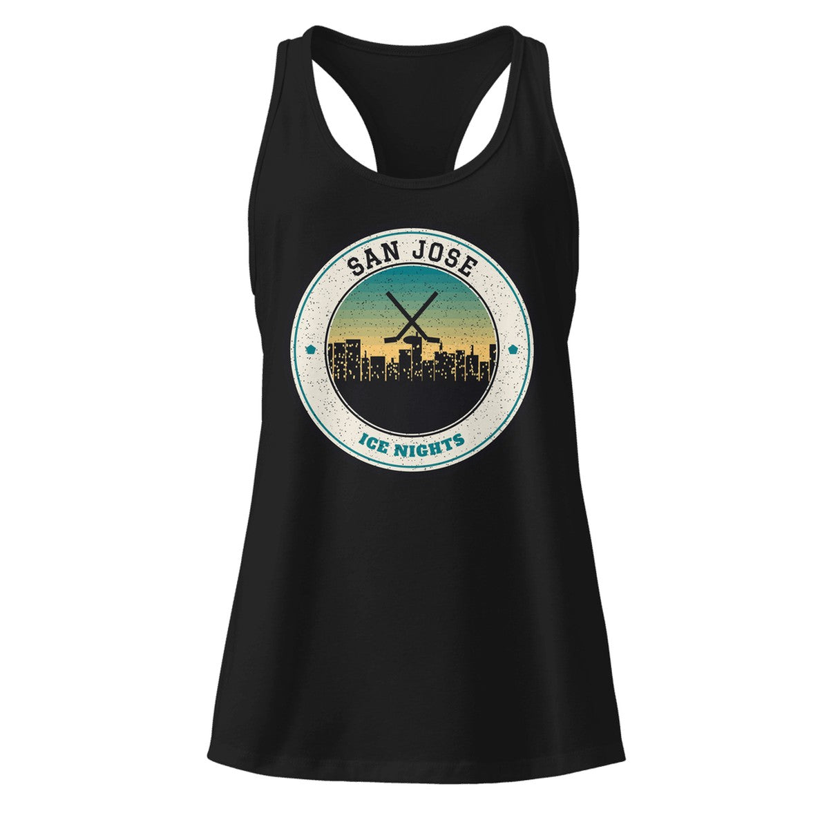 Women's San Jose Ice Nights Racerback Tank in Black, front view