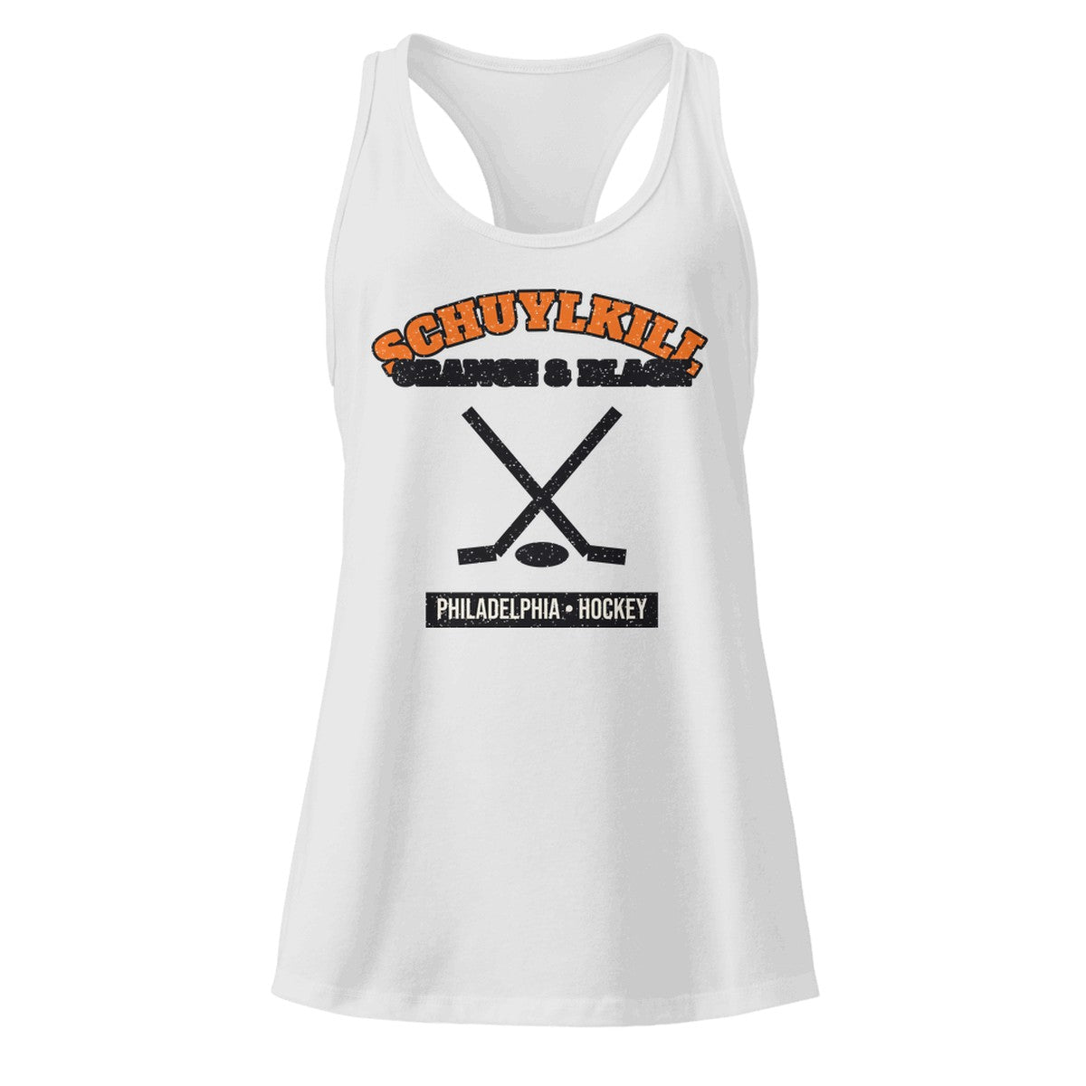 Women's Schuylkill Orange & Black Hockey Racerback Tank in Heather Gray, front view