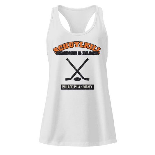 Women's Schuylkill Orange & Black Hockey Racerback Tank in Heather Gray, front view