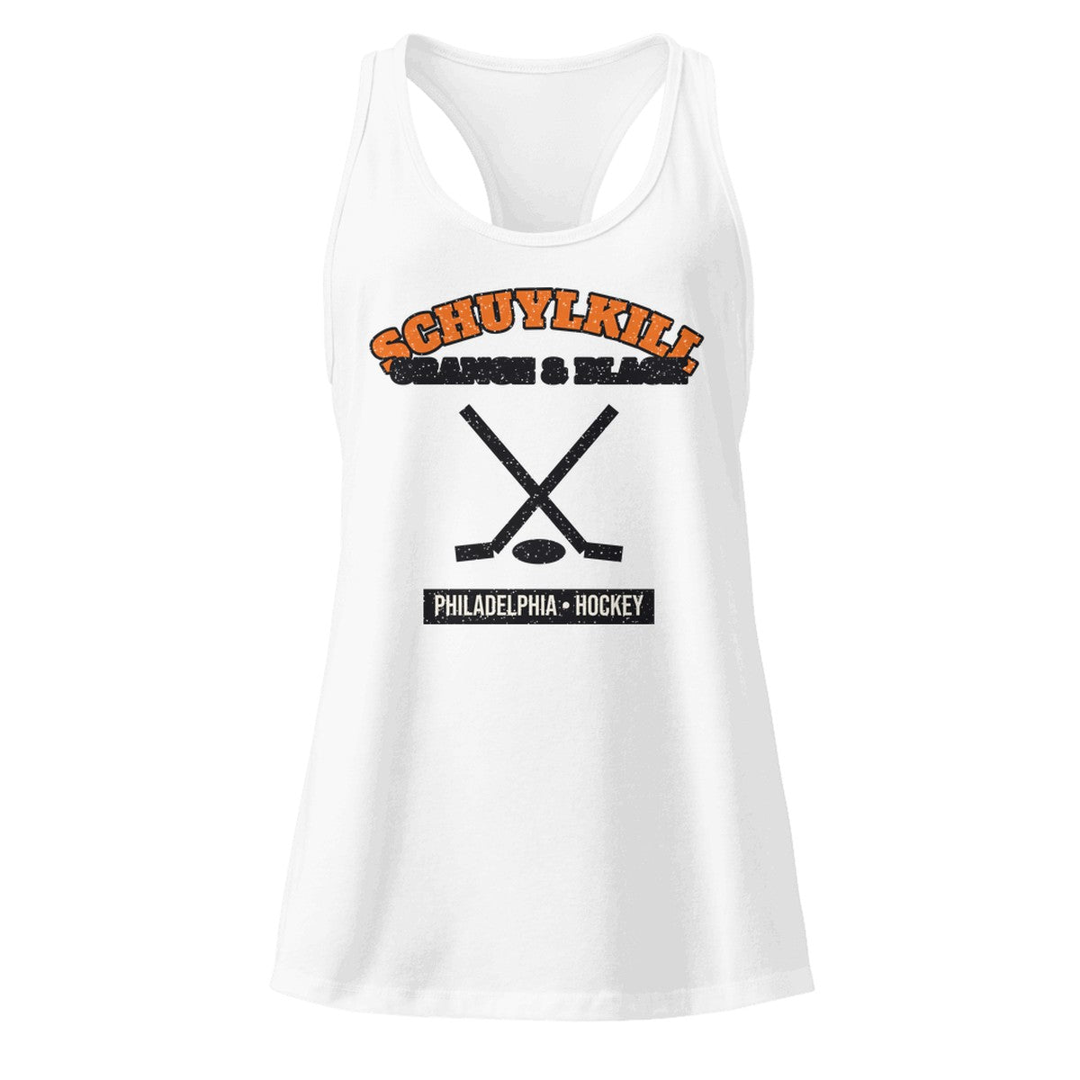 Women's Schuylkill Orange & Black Hockey Racerback Tank in White, front view