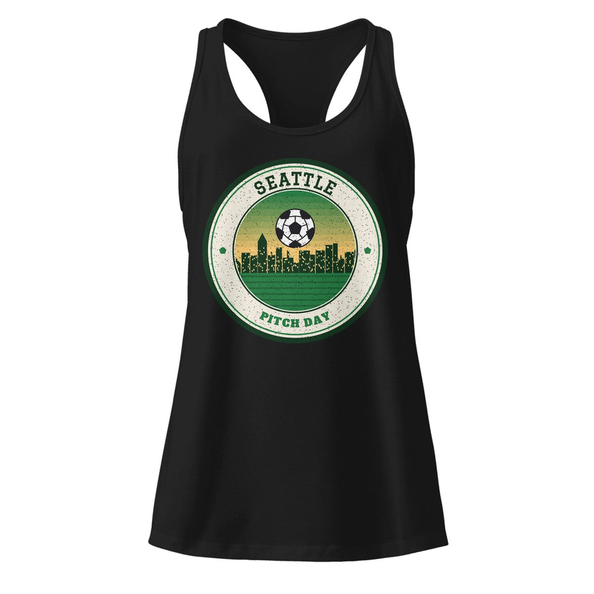 Women's Seattle Pitch Day Racerback Tank in Black, front view