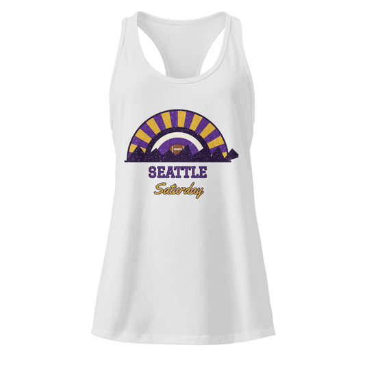 Women's Seattle Saturday Racerback Tank in Heather Gray, front view