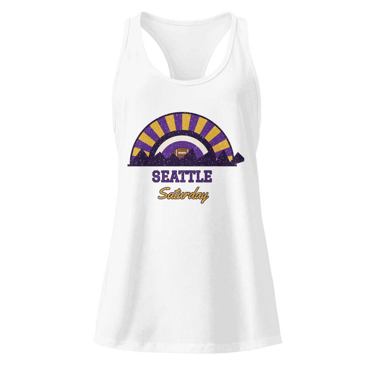 Women's Seattle Saturday Racerback Tank in White, front view