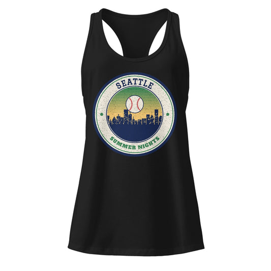 Women's Seattle Summer Nights Ballpark Racerback Tank in Black, front view