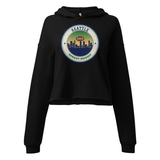 Women's Seattle Sunday Kickoff Cropped Hoodie in Black, front view