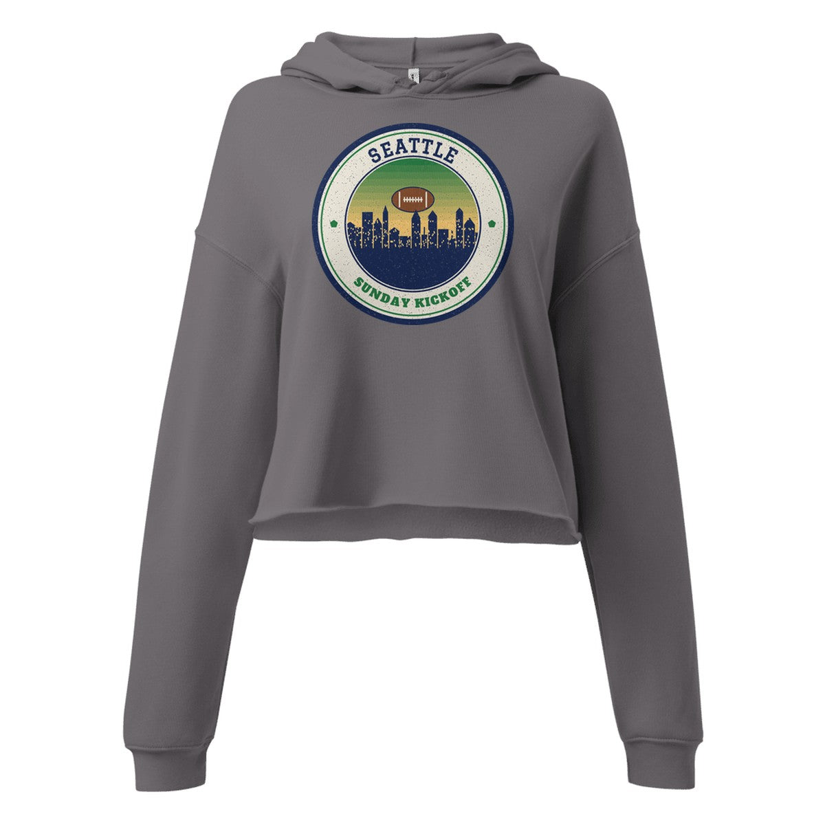 Women's Seattle Sunday Kickoff Cropped Hoodie in Storm, front view