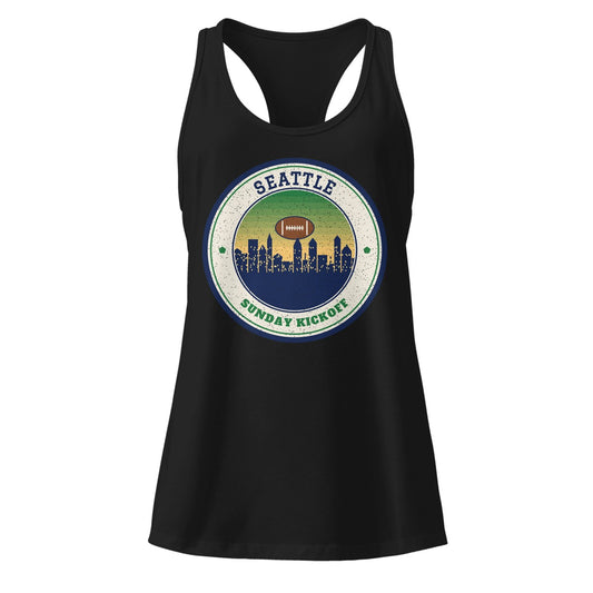 Women's Seattle Sunday Kickoff Racerback Tank in Black, front view