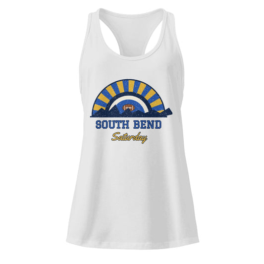 Women's South Bend Saturday Racerback Tank in Heather Gray, front view