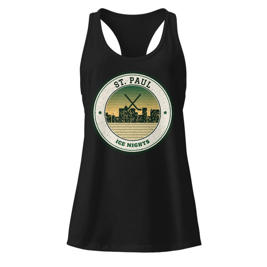 Women's St. Paul Ice Nights Racerback Tank in Black, front view