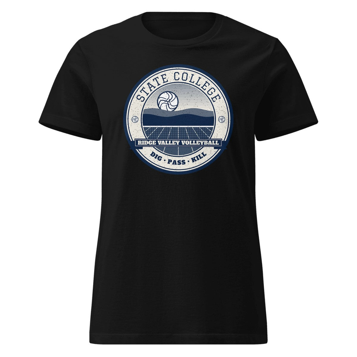 State College Ridge Valley Volleyball Women's Fitted Tee in Black, front view