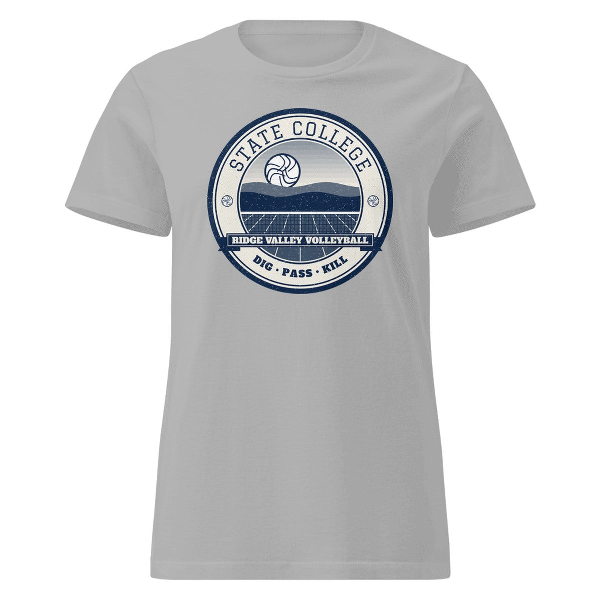 State College Ridge Valley Volleyball Women's Fitted Tee in Sport Grey, front view
