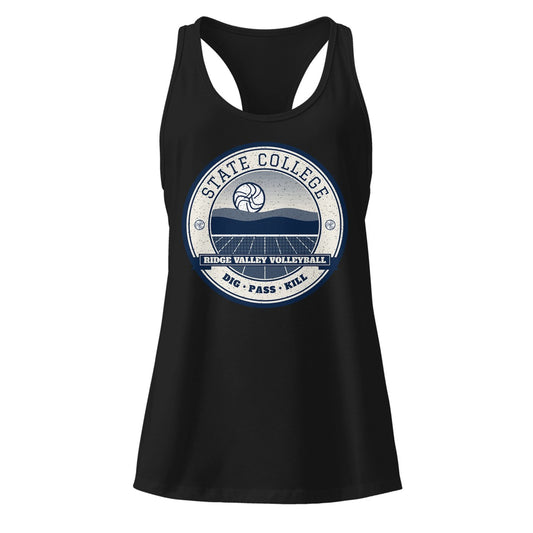 State College Ridge Valley Volleyball Women's Racerback Tank in Black, front view