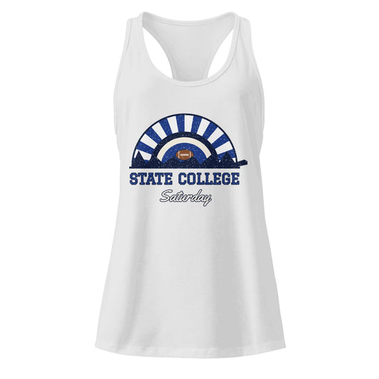 Women's State College Saturday Racerback Tank in Heather Gray, front view