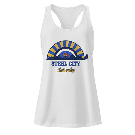 Women's Steel City Saturday Racerback Tank in Heather Gray, front view