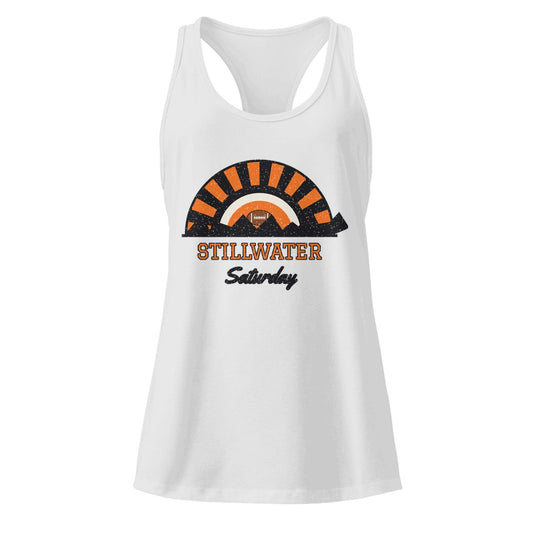 Women's Stillwater Saturday Racerback Tank in Heather Gray, front view