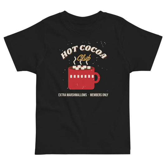 Hot Cocoa Club Toddler Tee in black, mockup of the design printed on the front of the toddler tee