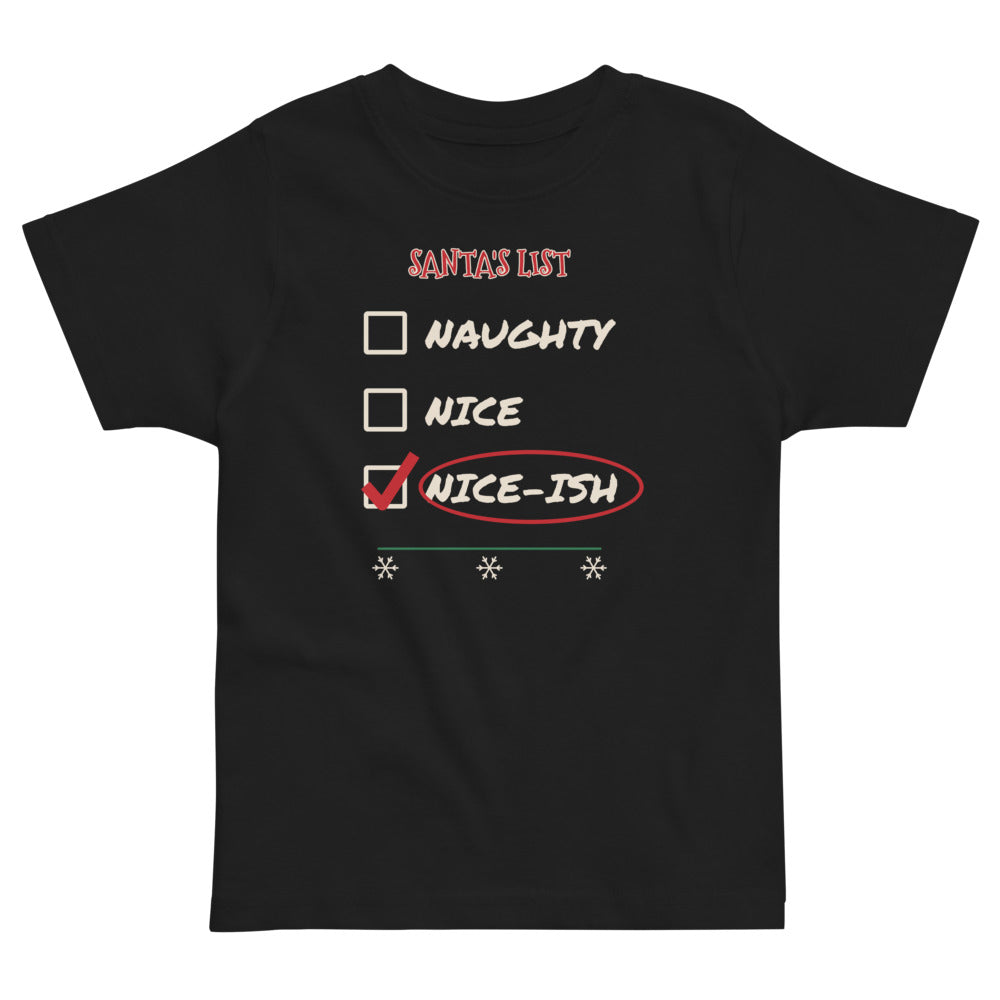 Nice-ish Toddler Tee in black, mockup of the design printed on the front of the toddler tee