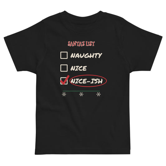 Nice-ish Toddler Tee in black, mockup of the design printed on the front of the toddler tee