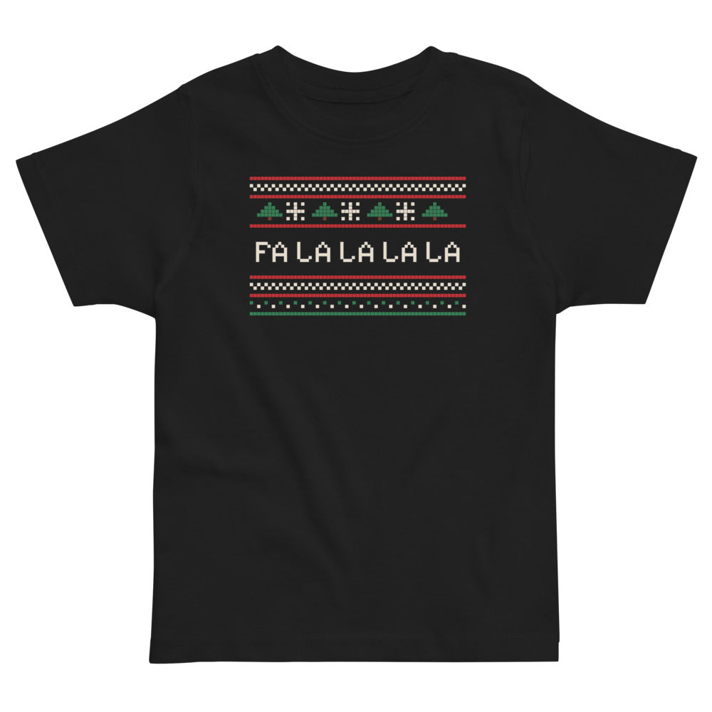 Fa La La Knit Toddler Tee in black, mockup of the design printed on the front of the toddler tee