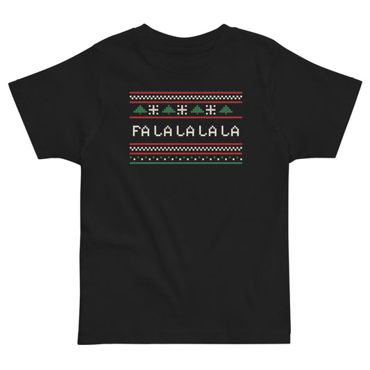 Fa La La Knit Toddler Tee in black, mockup of the design printed on the front of the toddler tee