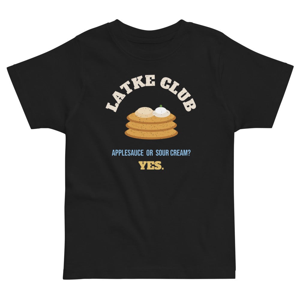 Latke Club Toddler Tee in black, mockup of the design printed on the front of the toddler tee