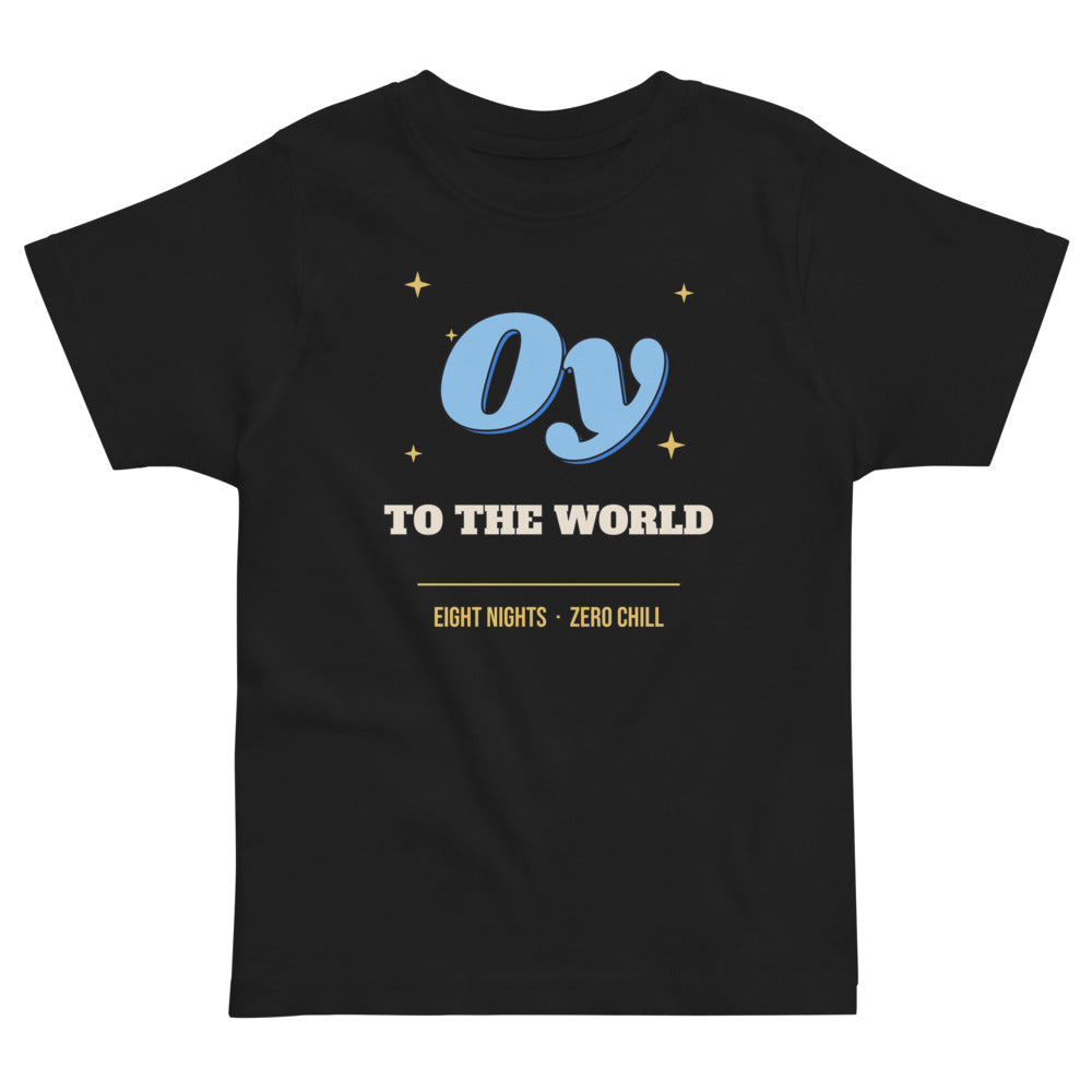 Oy to the World Toddler Tee in black, mockup of the design printed on the front of the toddler tee