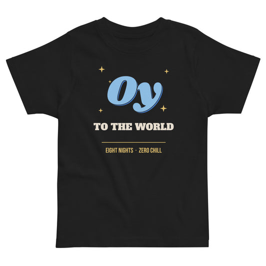 Oy to the World Toddler Tee in black, mockup of the design printed on the front of the toddler tee