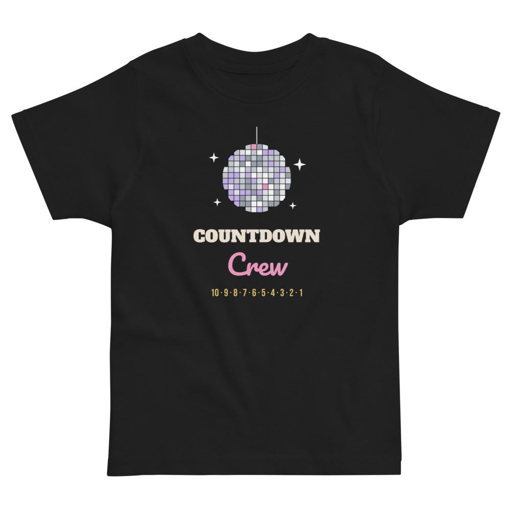 Countdown Crew Toddler Tee in black, mockup of the design printed on the front of the toddler tee