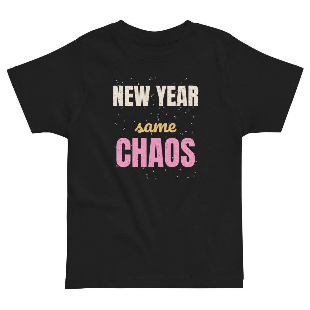 New Year Same Chaos Toddler Tee in black, mockup of the design printed on the front of the toddler tee