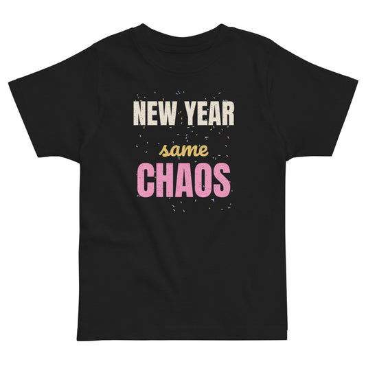 New Year Same Chaos Toddler Tee in black, mockup of the design printed on the front of the toddler tee