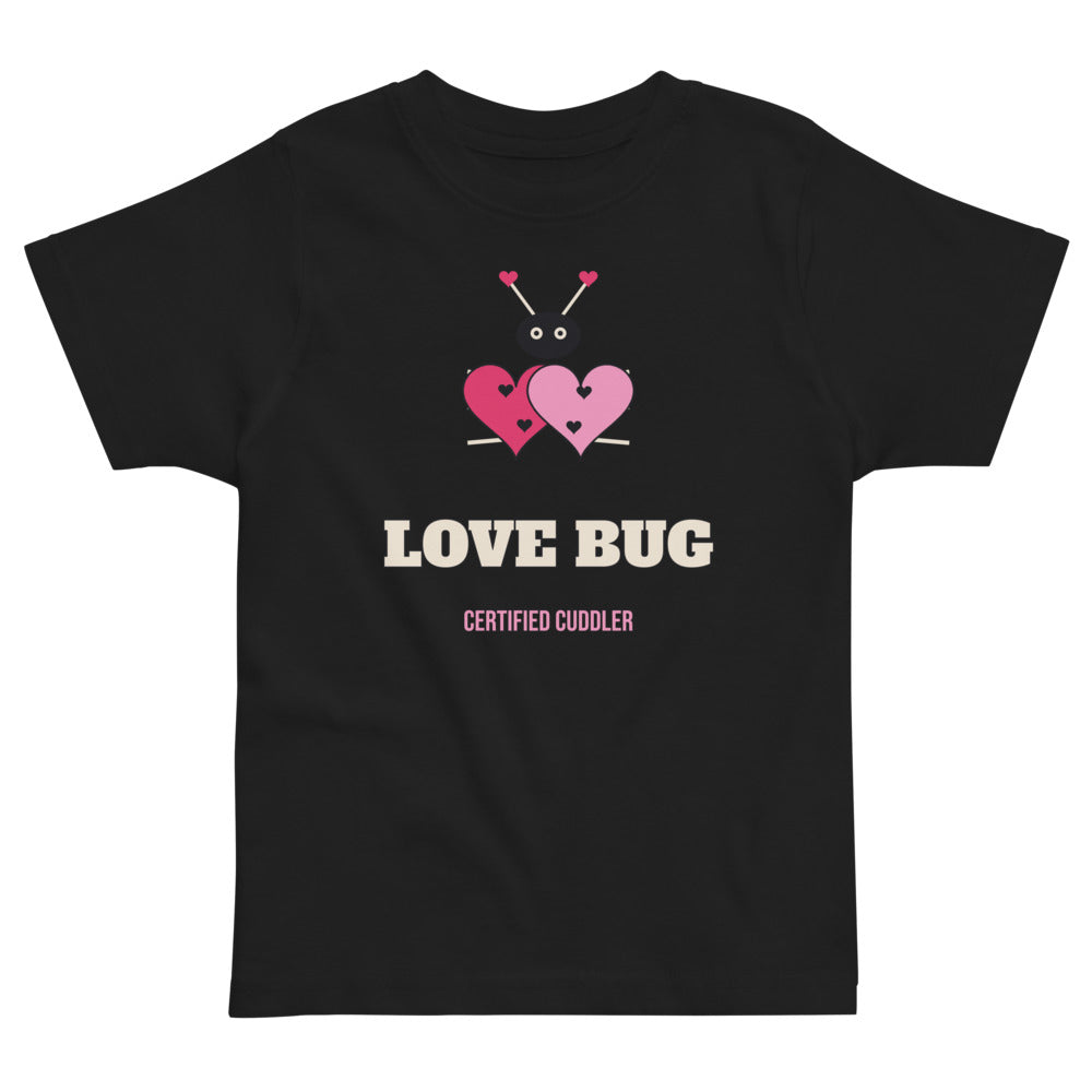 Love Bug Toddler Tee in black, mockup of the design printed on the front of the toddler tee