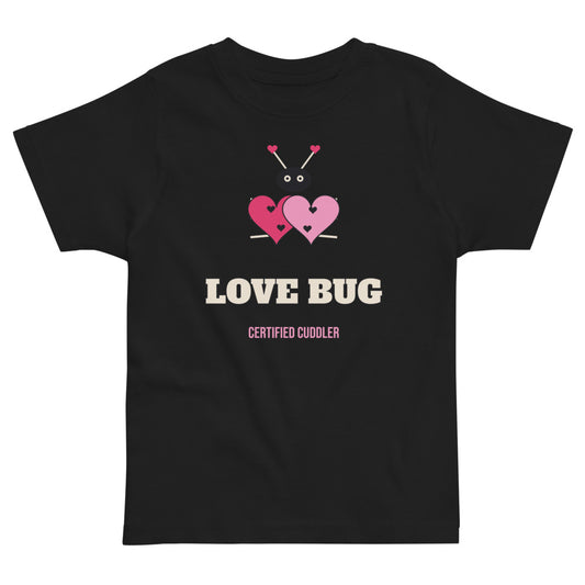 Love Bug Toddler Tee in black, mockup of the design printed on the front of the toddler tee